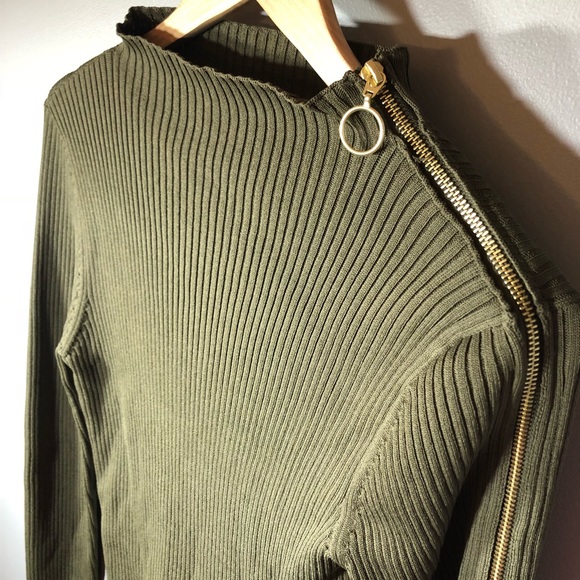 NWT TopShop Zip Sleeve Funnel Neck Sweater Olive - Picture 4 of 8